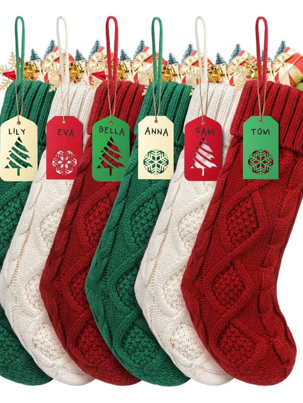 Christmas Stockings with Name Tags, Green Burgundy White, 6 Pcs